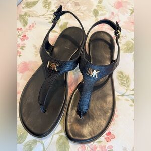 Michael Kors Black Leather Sandals with Gold Logo